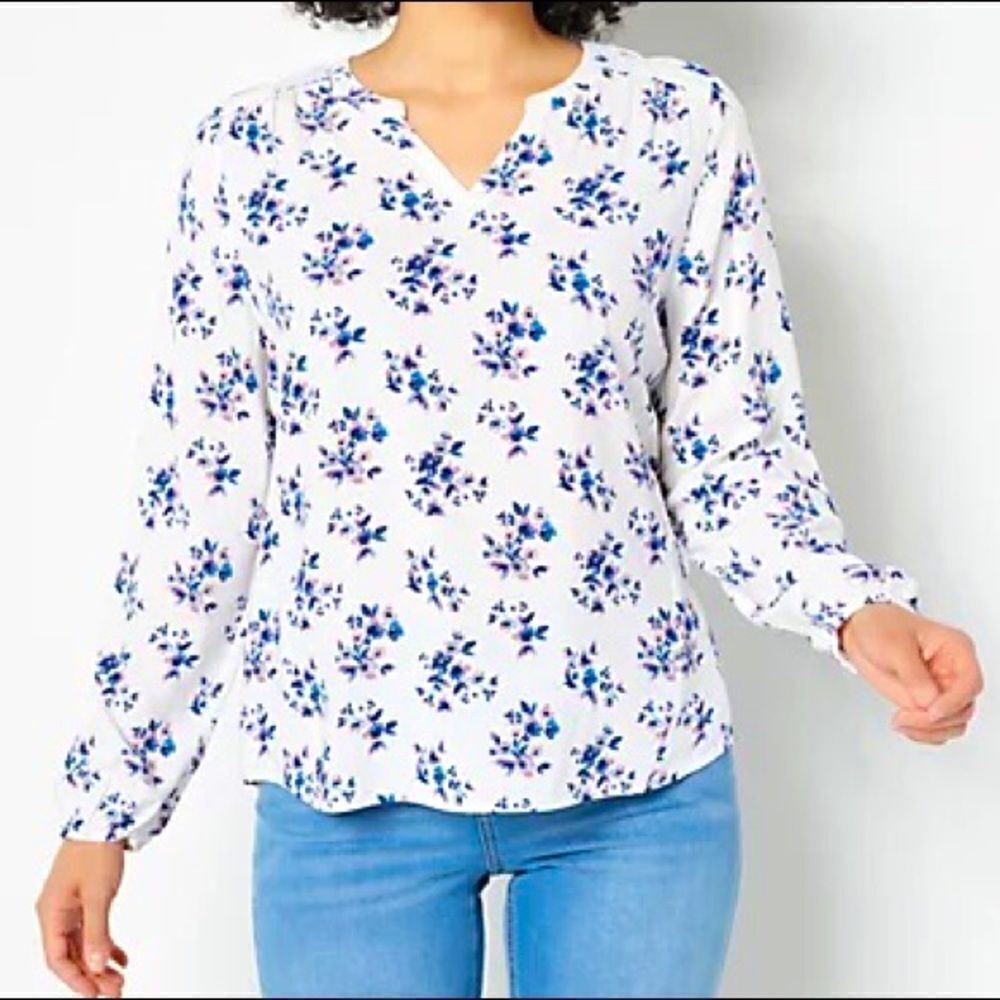 Denim & Co. Printed Woven Top with Crochet Trim